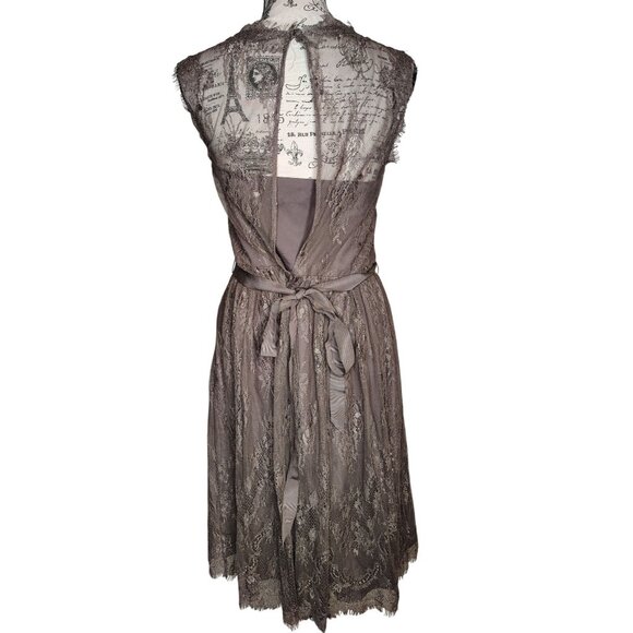 Hitherto Size 14 Taupe Sleeveless Dress, Sheer Lace Top, Lace Overlay Elegant - Picture 2 of 6